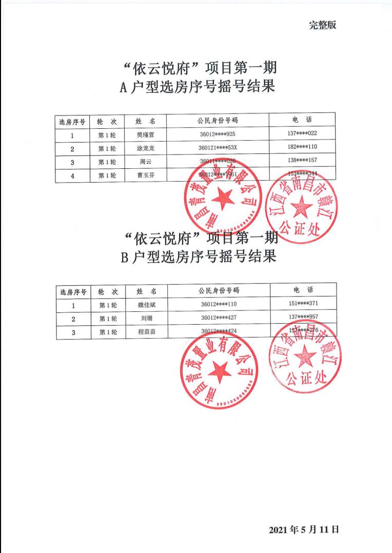 “依云悦府”项目第一期摇号结果公示