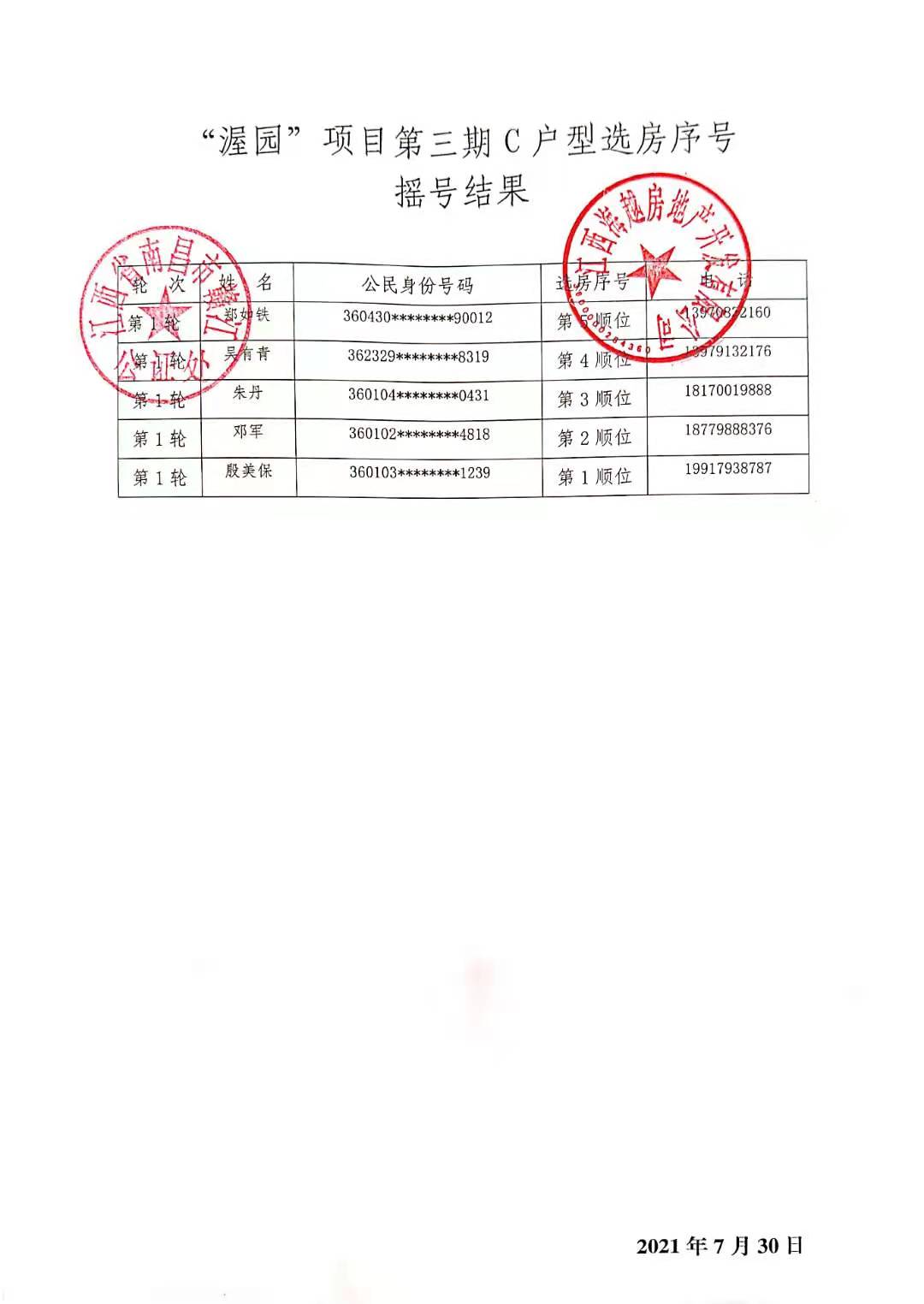 “渥园”项目第三期C户型选房序号摇号结果公示